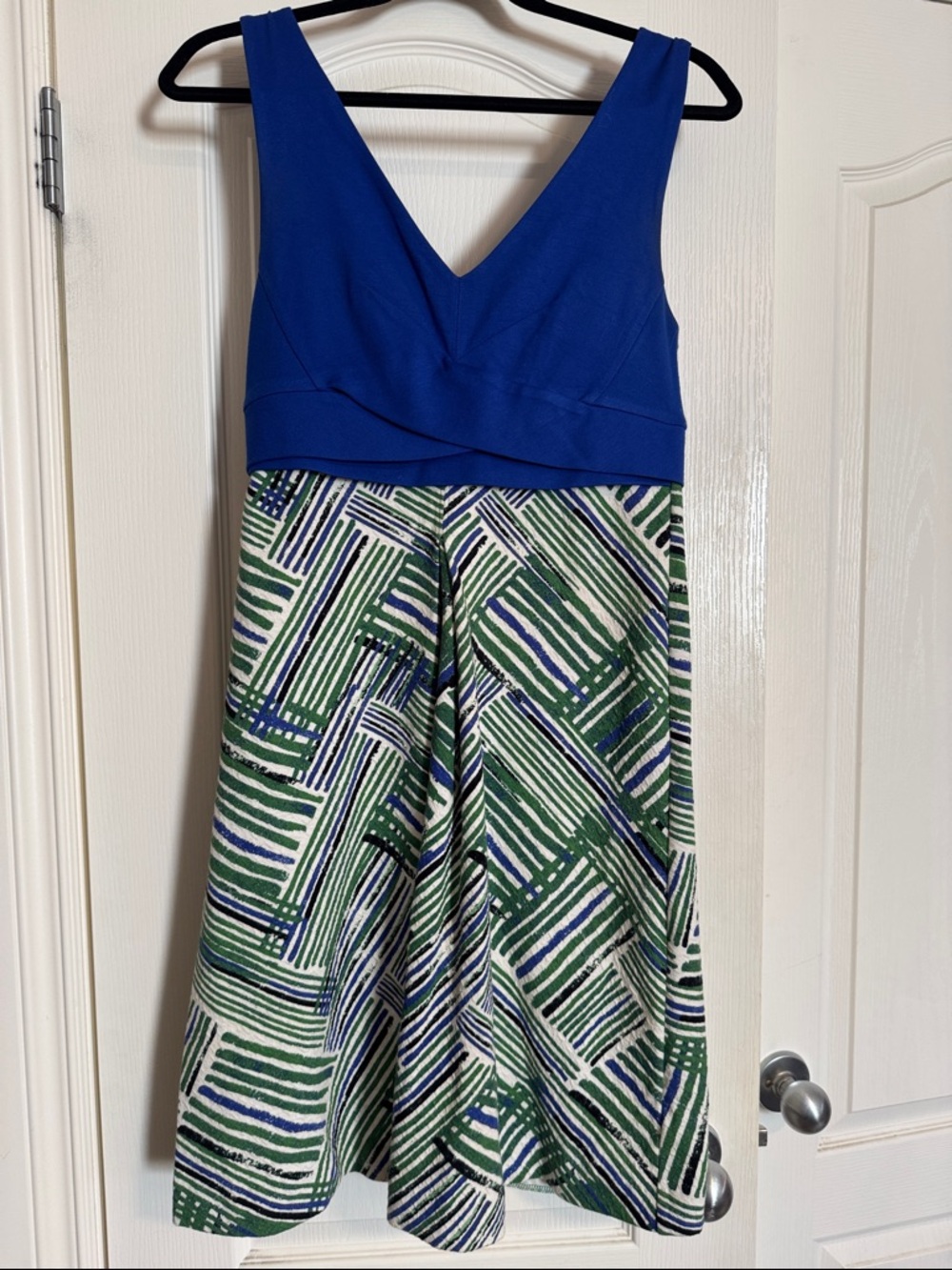 HD in Paris Royal Blue V-Neck Midi Dress with Green & White Print Skirt